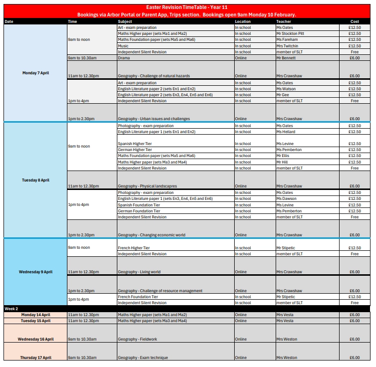 Y11 ER timetable image